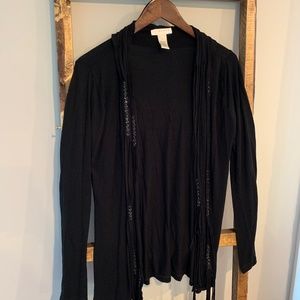 Black fringe, beaded, lightweight cardigan